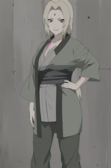 (masterpiece, highest quality:1.2), alone, one girl, tsunade defense, forehead mark, smile, view your audience, hands on hips, k...