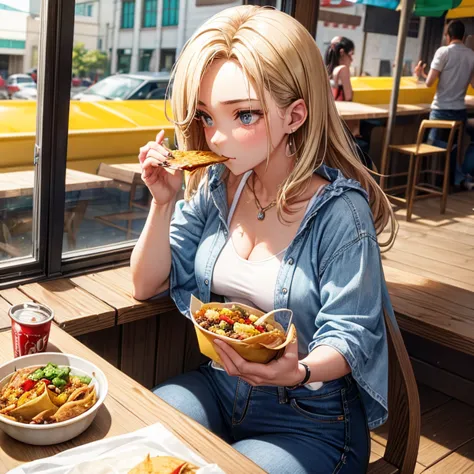 woman in a poncho, tank top and denim jeans eating tacos at a mexican food stall　　highest quality　there is a cola on the table　i...