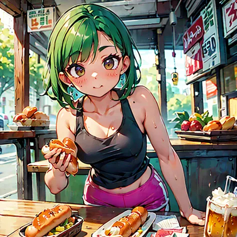 Woman in a tight tank top and tight hot pants eating a hot dog at an American food stall　highest quality　Beer to the table