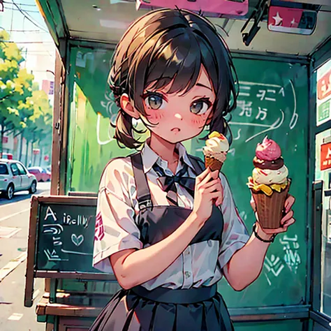 a girl selling donuts and ice cream from a food truck　america