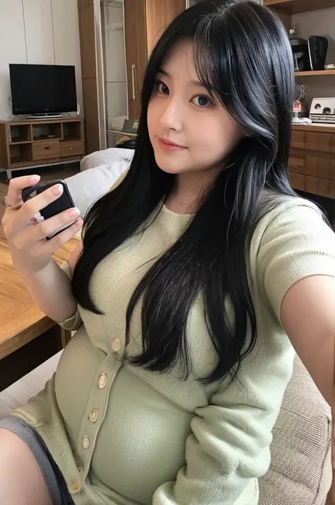 A 30-year-old woman with long black hair and a slightly chubby figure、Selfie photo taken at home