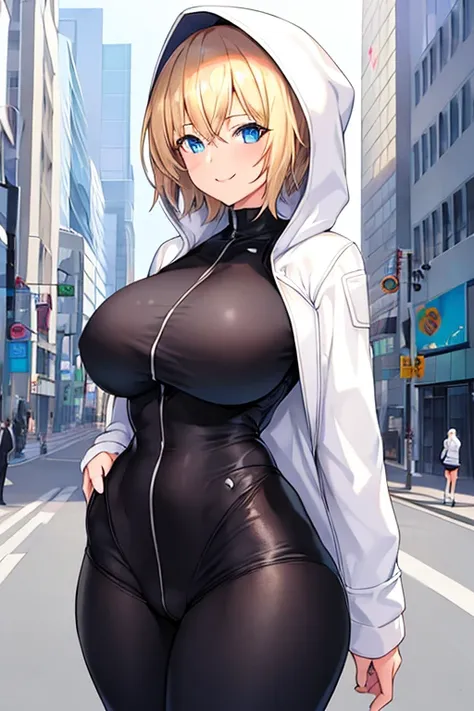 1girl, blonde hair, blue eyes, very short hair, hood up, jacket, white jacket, hooded jacket, black pants, black shirt, ((black shirt)), shirt, smile, tall, tall female, large breasts, toned, toned female, street, city, thick thighs, open jacket, breasts