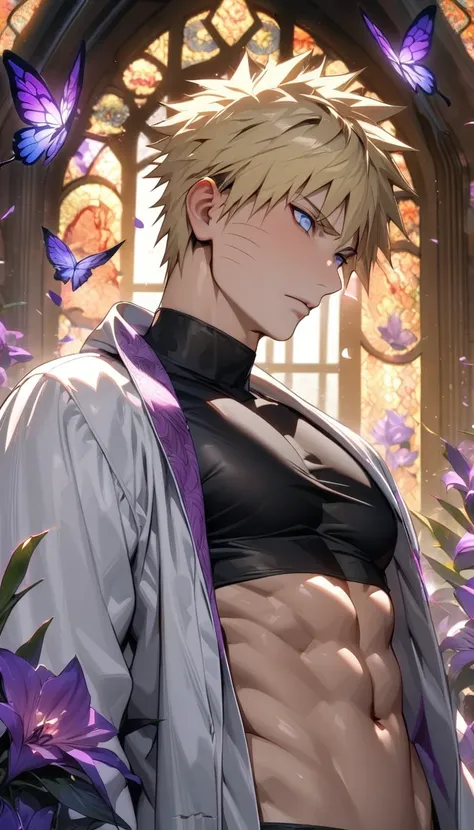 absurdres, highres, ultra detailed, HDR, master piece, best quality, Uzumaki Naruto, blond hair, expressive blue eyes, Naruto Shippuden, solo, sexy man, handsome, white coat, black tight shirt, patterns, toned chest, glass stained window, purple shining bu...