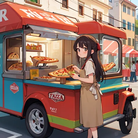 girl selling pizza at an italian food stall　food truck