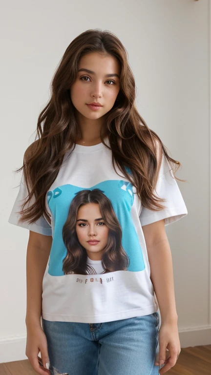 xoaeriel, a beautiful woman with wavy brown hair, ojos azules, nariz redonda, wearing an oversized t-shirt with no logo ,usando leguins,hiperealista,NSFW