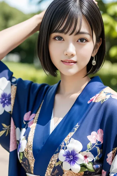 (highest quality:1.5)、(Realistic:1.5)、(1 person:1.5)、whole body、Very detailed、High resolution、8k wallpaper、kimono、kimono、Small breasts、Natural color lips、Cute smile、Japanese women、20 year old girl、Thin eyebrows、Beautiful and elegant face、cute顔、cute目、Big ey...