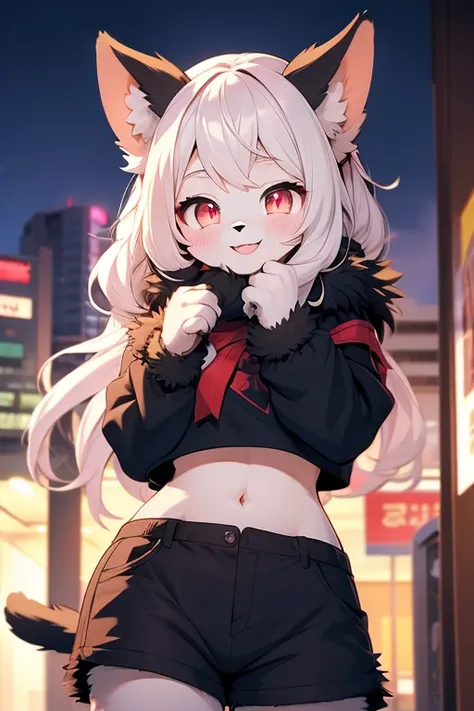 female, furry, black fur, cat, red eyes, croptop and shorts, blushing and smiling, looking at user