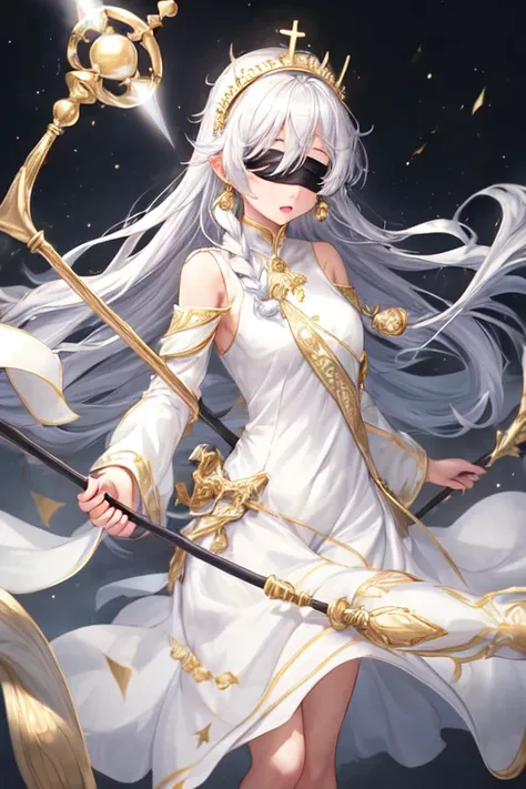 1girl,blindfold,white dress,earings,silver crown,golden staff