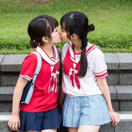 Two Japanese elementary school girls in short sleeves and shorts are kissing