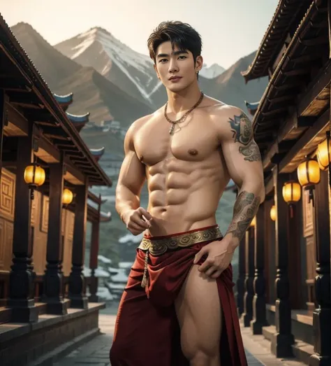  2 handsome boy tibetan kissig, touching lips, cuddle, romanctic, hug , naked, smiling, catching eyes , Chinese Men God, Mythology, realistic, Chinese odyssy, super Handsome,manly,  kpop idol, handsome korean actor, 20 years old,, detailed face, manly jawl...