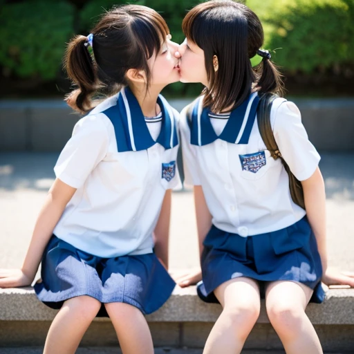 Two Japanese elementary school girls in short sleeves and shorts are kissing