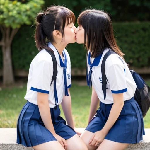 Two Japanese elementary school girls in short sleeves and shorts are kissing