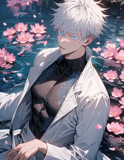 Ultra detailed, Highres, absurdres, Gojou Satoru, white hair with bangs, expressive blue eyes, white eyelashes, white long coat with patterns, Jujutsu Kaisen, pink flowers, petals, extremely handsome, sexy man, toned chest, solo, very detailed eyes and fac...