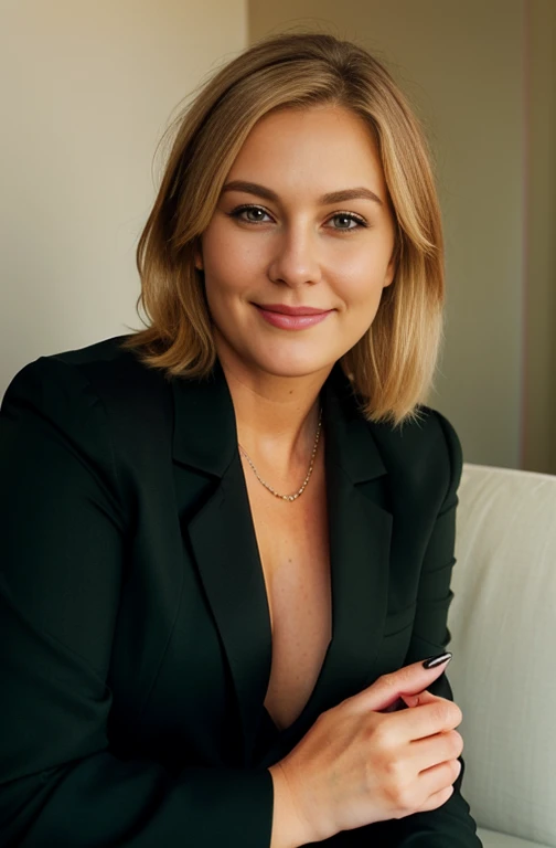 blonde woman, 48 years old, plus size green eyes, round face, side-swept blonde hair, straight and short, she is wearing a black blazer, black collared blouse, take me smiling with her hand on her chin, realistic hands and realistic painted nails