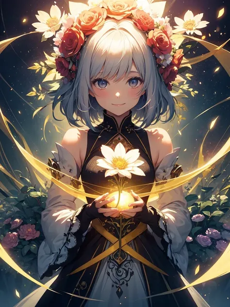 1girl
NP: worst quality ,flower fractal art,
rule of thirds composition,
beautiful glow,
romanticism,
the most beautiful form of chaos, various colors, entangled flower, Particle,magical gentle light,smile