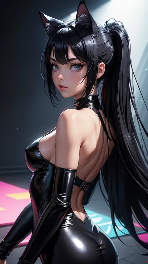 (high resolution, upper body, soft skin:1.2),(best illustration,masterpiece:1.2),ultra-detailed,[(cat ears , black inside:1.2, black hair, cat eyes),vivid colors,sharp focus,portrait,studio lighting,bokeh, wearing a zebra pattern latex jumpsuit, spotlight ...