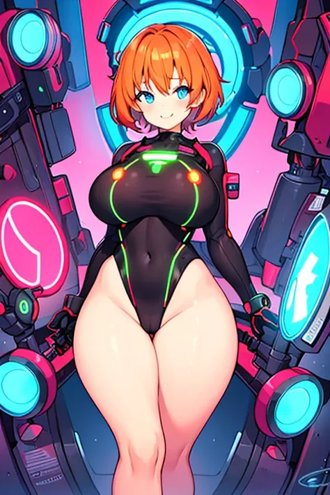 1girl, large breasts, breasts, bare legs, thick thighs, short hair, orange hair, leotard, very short hair, black leotard, orange trim, neon trim, neon lights, neon, machinery, tech, science-fiction, futuristic, smile, blue eyes, wings