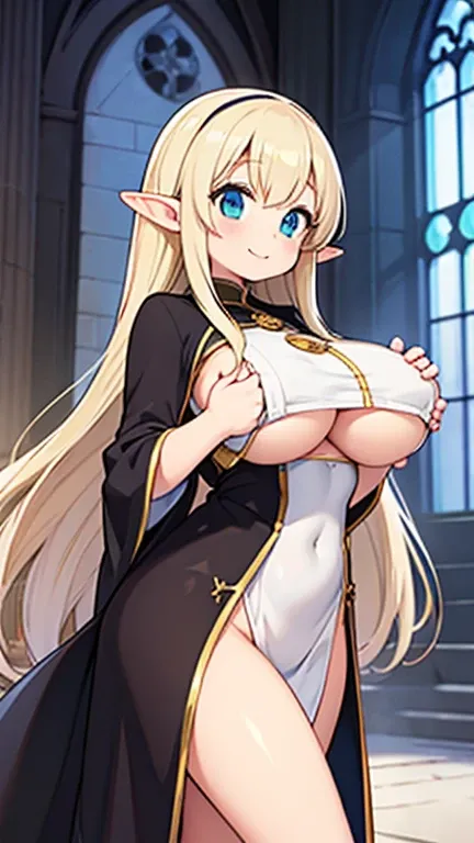 Cathedral、Elf、clergyman、smile、Big Breasts、Very large breasts、Underboob、Lower part of breast