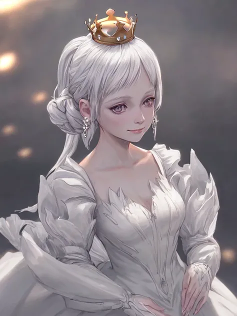 1girl,earings,crown,white dress,smirk. HD,HDR,16K,DETAILED,UNREAL ENGINE,ANIMATED