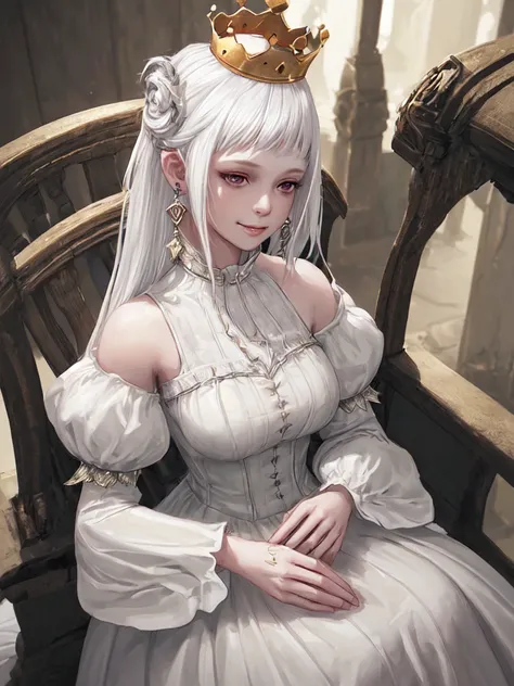 1girl,earings,crown,white dress,smirk. HD,HDR,16K,DETAILED,UNREAL ENGINE