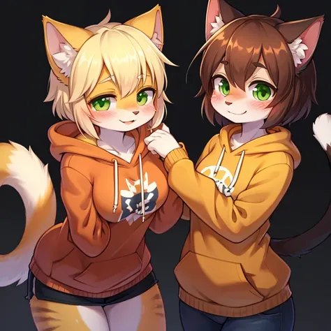 Female calico furry, oversized orange hoodie, blushing and smiling at user, looking at user, green eyes, cat, 1 character