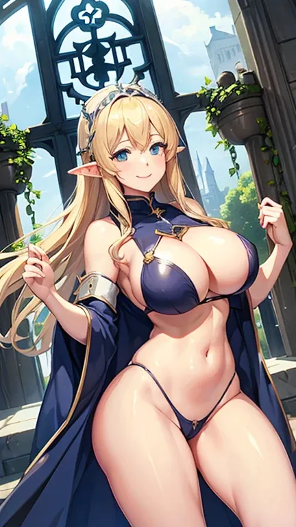 Cathedral、Elf、Blonde、clergyman、smile、Big Breasts、Very large breasts、Underboob、Lower part of breast