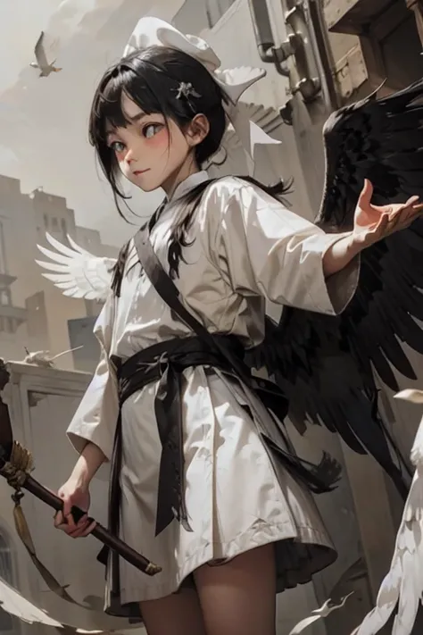 White crow with wings spread、Holding a bow