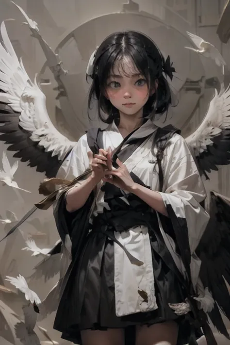 white crow with wings spread、holding a bow