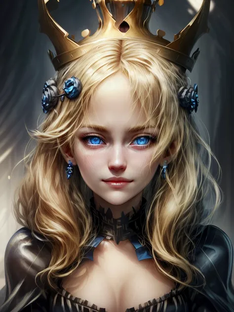 1girl,blonde hair,blue eyes,crown,earings,black dress,smirk. HD,HDR,16K,DETAILED,UNREAL ENGINE