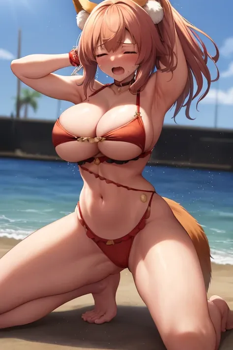 masterpiece, best quality, beautiful art, high resolution, well formed hands, body and fingers, 1 woman, solo, Tamamo No Mae, adult, grown up, fox ears and fox tail, big breasted, cleavage, full body,  wearing a Mata Hari outfit, sexy belly dancer, sexy an...