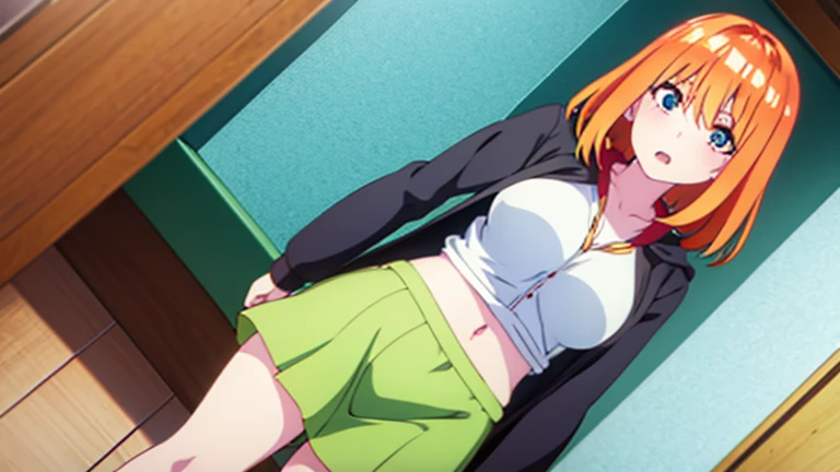 Nakano Yotsuba, orange hair, knot white shirt, midriff, green skirt, medium breasts, 