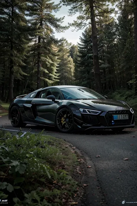 une audi r8 qui se situe dans une forêt, avec une couleur noir mat, with golden rims, with tinted glass, with a big fin and which is very detailed,  very realistic, cinematographic, avec la plus haute résolution, extremely realistic 