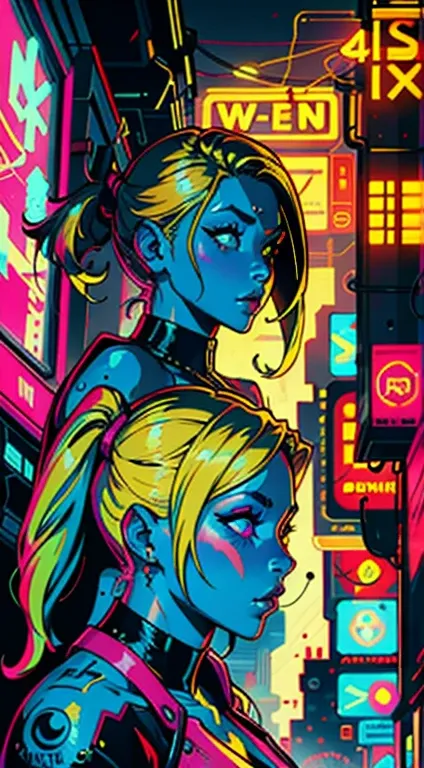 Digital painting of a golden-haired woman in pigtails, Cyberpunk art by Josan Gonzalez, Behance Contest Winner, Afrofuturism, Synthwave, neon, glowing neon