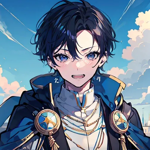 (highest quality), Very detailed, One high school boy, Young face, Beautiful Face,Smiling Face，Very detailed face，Black Haired Man，Blue Eyes，Earrings，Cape，In the sky，Double teeth，blue sky，knight，（8K）