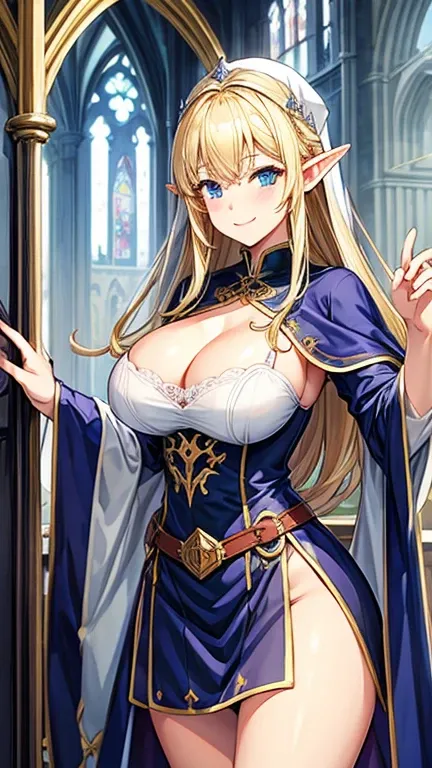 Cathedral、Elf、Blonde、clergyman、smile、Big Breasts、Very large breasts、Cleavage、Very short skirt