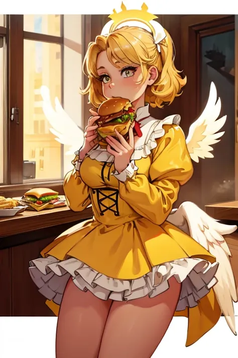 A blonde haired female angel in a cute yellow lolita dress with hazel eyes and golden wings is eating a burger