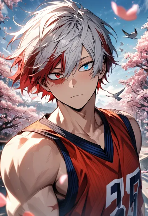 absurdres, highres, ultra detailed, HDR, masterpiece, extremely detailed face and eyes, Todoroki Shoto, gemini hair, right side white hair, left side red hair, red burn mark on left side of the eye, heterochromia, right side gray eye, left side blue eye, B...