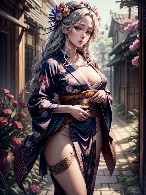 arafed woman in a kimono with flowers on her head,big chest, beautiful digital artwork, beautiful digital illustration, beautiful digital painting, gorgeous digital painting, anime girl render, smooth anime cg art, beautiful digital art, great digital art.