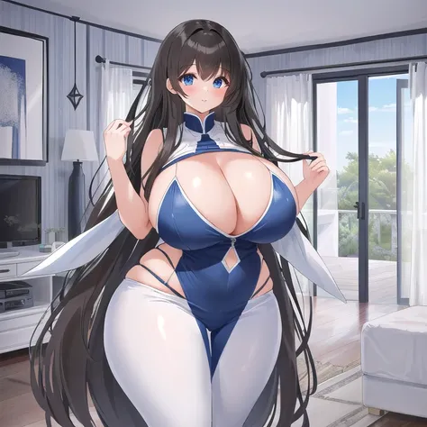 A Cute Girl, with (Lush, Long Brunette Hair), (Big Beautiful Blue Eyes), ((4.7 feet tall)), (Incredibly Curvy, Absurdly Big Breasted, and Ultra-thicc Figure), as well as (the Absolute Biggest, Ridiculously Oversized, Excessively Hugest Breasts ever seen), ...