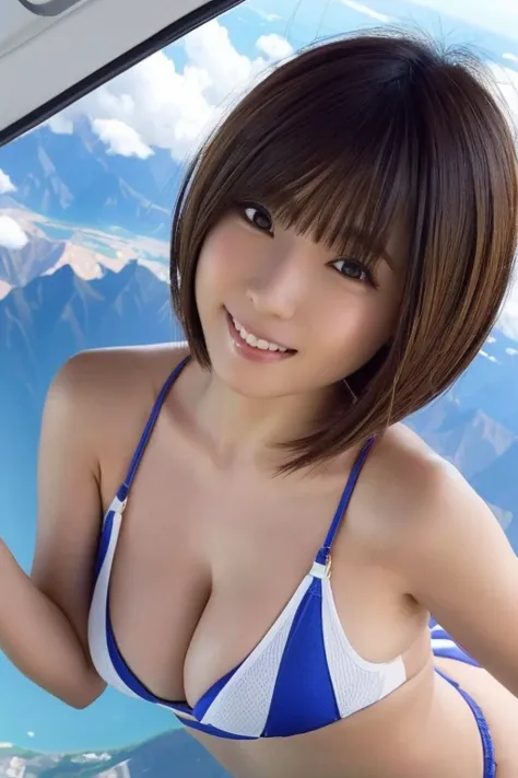 A cute, beautiful, voluptuous Japanese woman in her 20s with medium-long bob cut hair was skydiving at 4000 meters above the ground.、They are having so much fun that they are spreading their arms and legs out in excitement.、She looks great in a micro bikin...