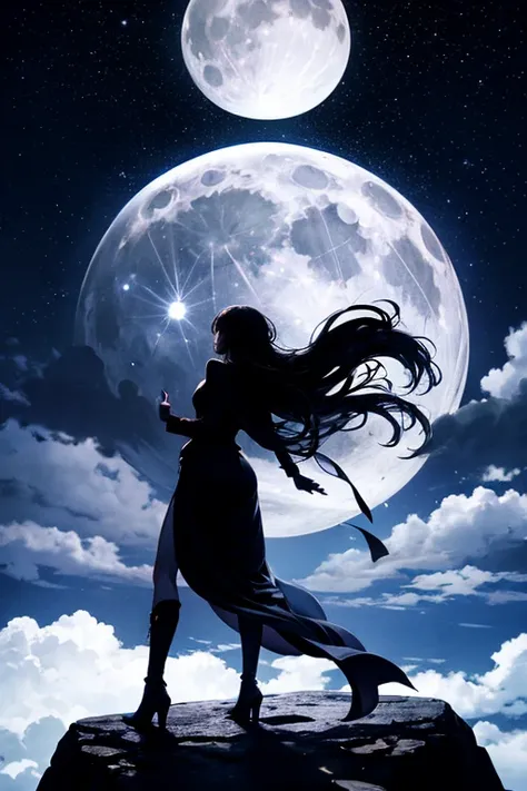 highest quality,Big moon and shadow,A silhouette of a person can be seen against the backdrop of a large moon.,There is one full moon,There is a mood,Beautiful scenery,Starry Sky