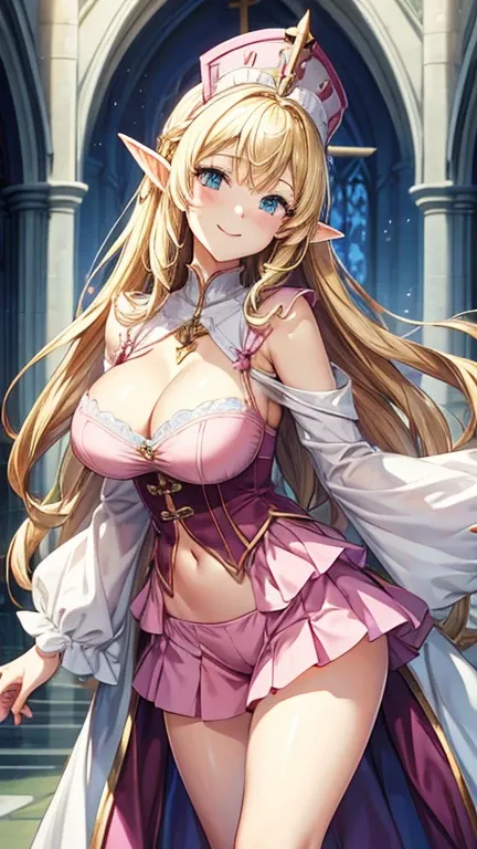 Cathedral、Elf、Blonde、clergyman、smile、Big Breasts、Very large breasts、Cleavage、The pink bra is transparent、Very short skirt、Revealing her shorts、Pink shorts