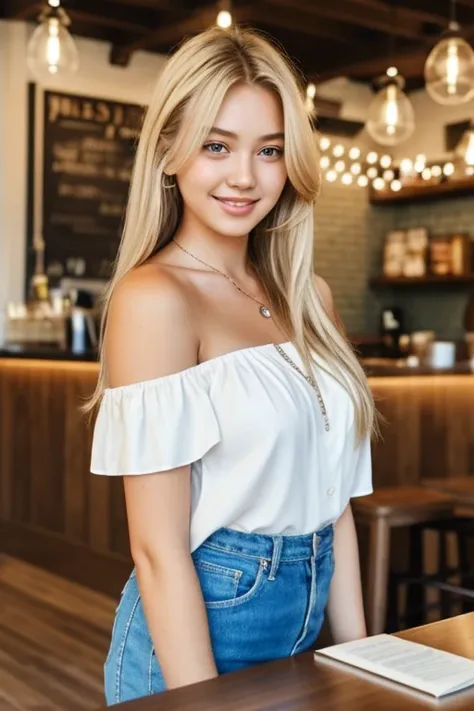 1girl in, age19, Solo, Long hair, Colossal , Looking at Viewer, blondehair, Bare shoulders, Brown eyes, jewely, Full body, a necklace, off shoulders, White Blouse, inside a coffee shop, radiant smile, Realistic, A sexy