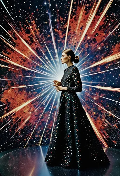 for marie claire, a model in a valentino creation, her pose commanding, amidst the depiction of a supernova explosion. asymmetri...