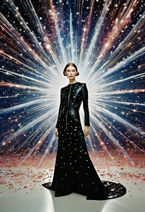 For Marie Claire, a model in a Valentino creation, her pose commanding, amidst the depiction of a supernova explosion. Asymmetrical composition by Andreas Gursky