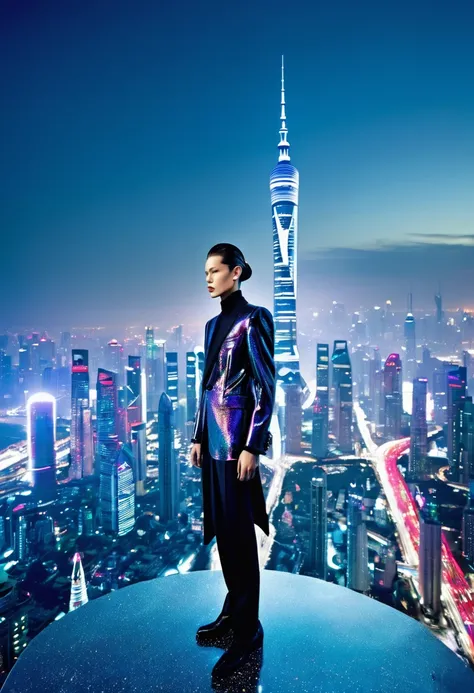 Step into a dreamscape where a high fashion model dons an avant-garde version of the Zhongshan suit by Yohji Yamamoto. This low angle view for V Magazine taken in a futuristic Shanghai skyline, demonstrates the visionary aesthetic of Pierre et Gilles