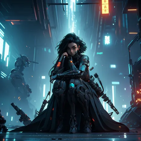 a woman sitting in front of a bunch of robots, cyberpunk art, by ross tran, 9gag, the mekanik doll, cyberpunk skeleton, jet blac...