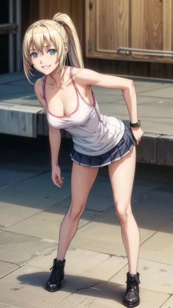 1 female,12 years old,blonde,(miniskirt and big white tank top, (), , natural smile,,,(((leaning forward)))