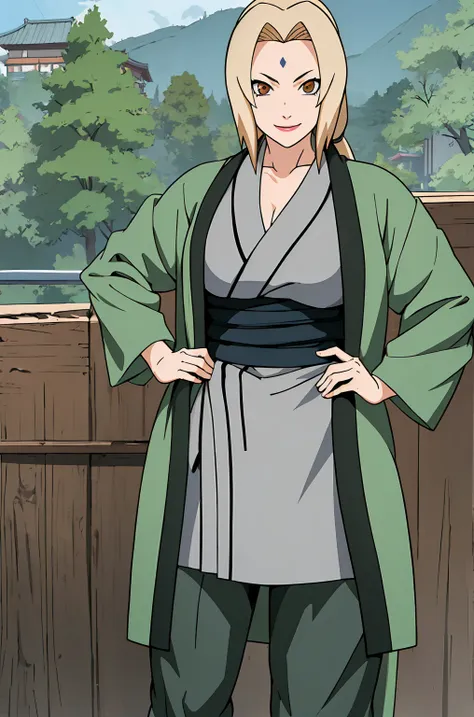 (masterpiece, highest quality:1.2), alone, one girl, tsunade defense, forehead mark, smile, view your audience, hands on hips, k...