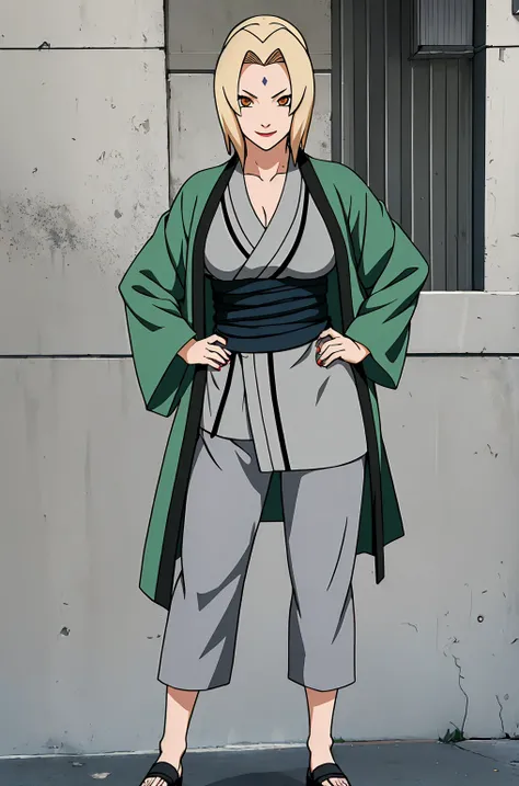 (masterpiece, highest quality:1.2), alone, one girl, tsunade defense, forehead mark, smile, view your audience, hands on hips, k...